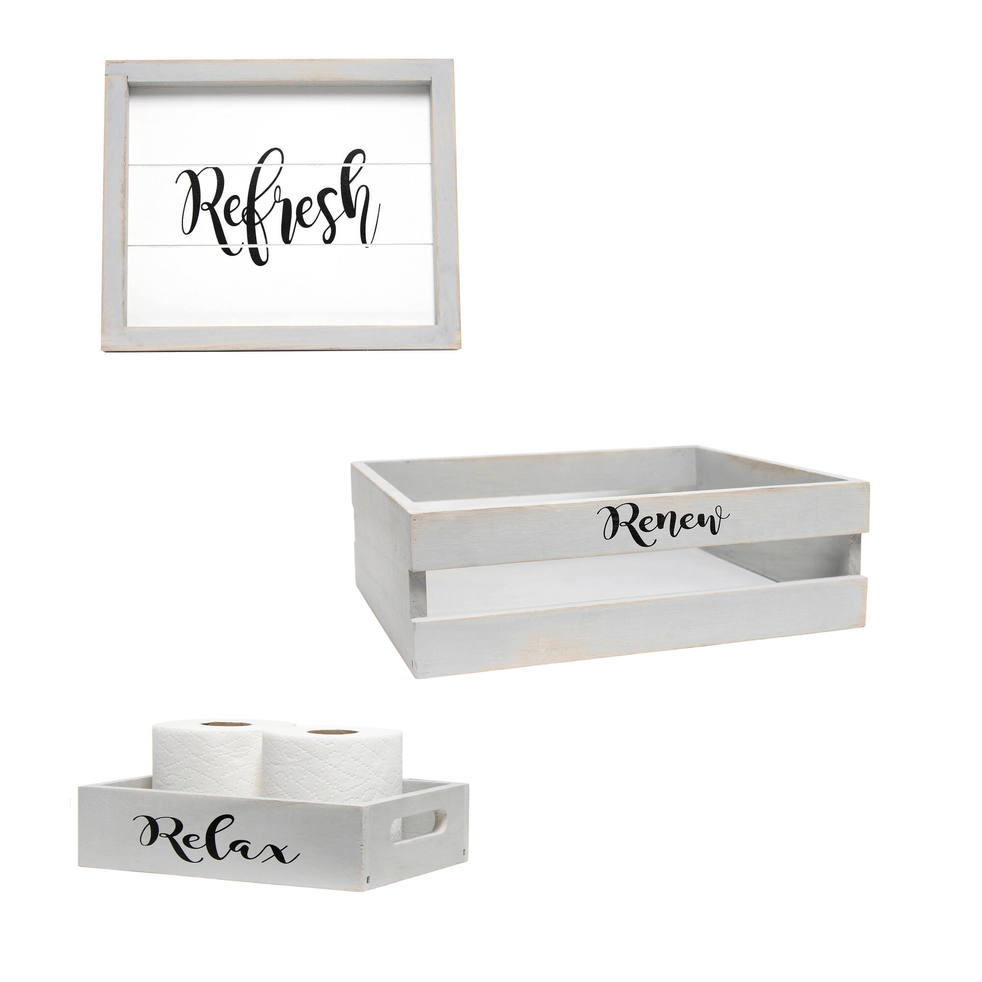 Elegant Designs Small Gray Wash Towel Holder, Frame & Toilet Paper Holder Set